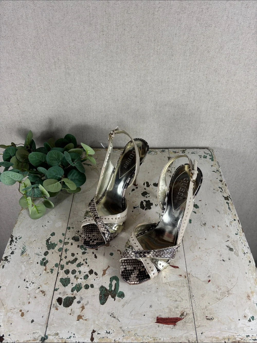 GUESS > Metallic Gold Slingback Heels with Snakeskin Accent 8